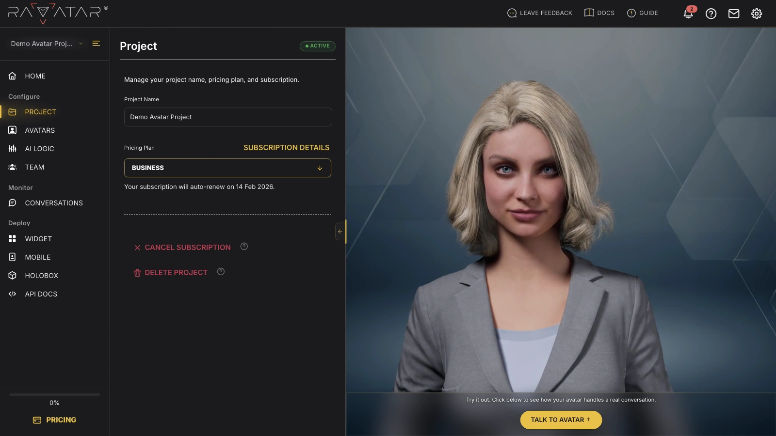 Genesis Studio cancel AI avatar subscription button in billing settings