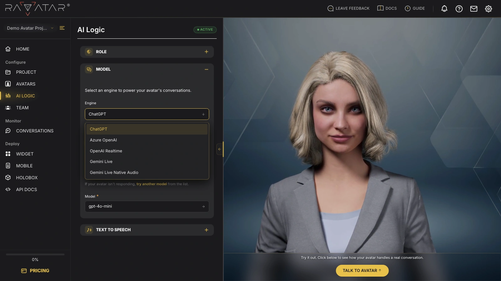 Genesis Studio choose LLM engine powering AI avatar in the MODEL section