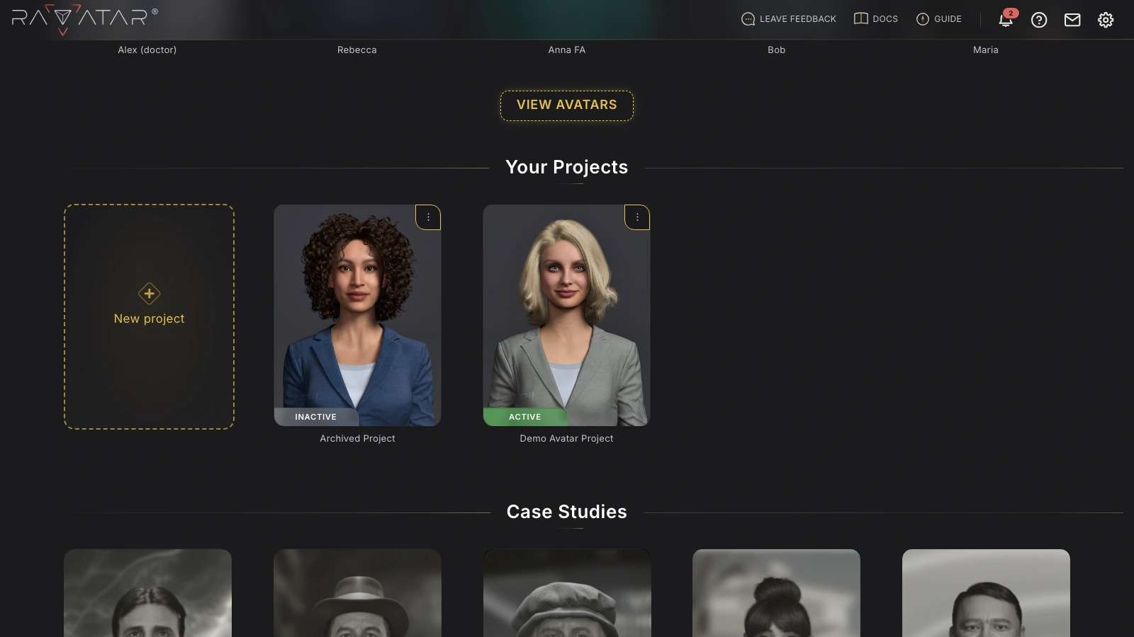 Genesis Studio list of AI avatar projects with Active and Inactive status badges